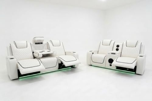 Malaga Leather Electric Recliner Sofa Set, 3+2 Seater, White, with LED Lights, Bluetooth Speakers, USB & Wireless Charging