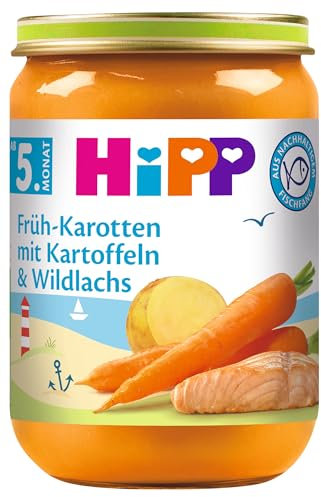HiPP Früh-Karotten mit Kartoffeln und Wildlachs (6 x 190g), Menü ab 5. Monat, mit Omega-3, aus nachhaltigem Fischfang