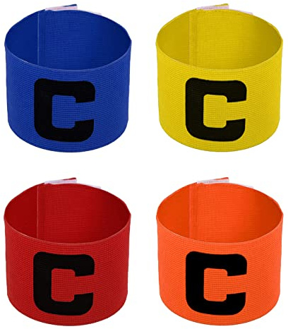 Deolven Fasce da Capitano, 4 Pezzi Colore Elastico Fascia da Capitano per Senior/Junior Calcio Sport Capitano Fascia per Adulti/Giovani Calcio Grande C Giallo/Blu/Verde/Arancione