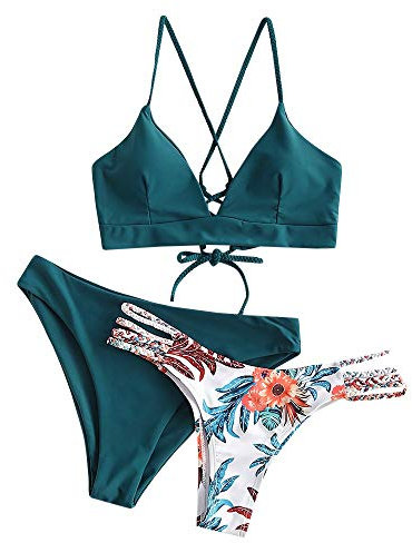 ZAFUL Damen Zweiteilig Bikini-Set mit verstellbarem BH Push-Up Rücken, Triangle Bustle Badehose mit Blummenmuster (Pfauenblau, S)