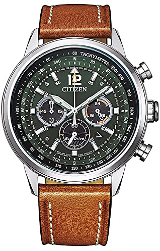 Citizen Eco Drive Chrono Herren Chronograph aus Edelstahl und Leder in der Farbe Silber-Braun-Grün 44mm, Wasserdichtigkeit: 10 Bar, CA4470-15X