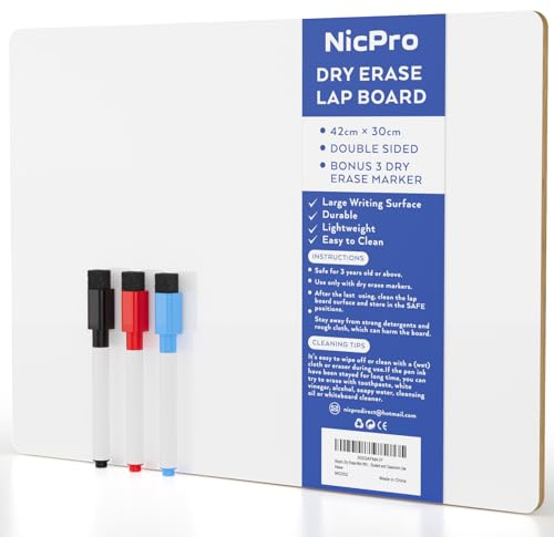 Nicpro Lavagna Cancellabile 42 x 30cm, A3 Piccola Lavagna Bianche Con 3 Pennarello Per Disegno, Scuola, Casa, Ufficio - Doppia Faccia Mini Lavagna