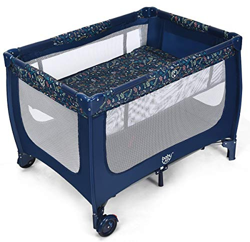 COSTWAY 2 in 1 Reisebett & Laufstall klappbar, 120 x 60cm Kinderbett, 2 Ebenen Babybett mit Matratze und Tragetasche (Blau)