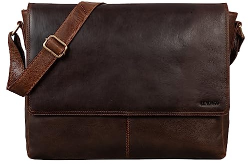 LEABAGS Bolso para Hombres y Mujeres | Bolsa de Portátil 15 | Cuero Genuino | Bolso Bandolera con Correa para el Hombro | Bolsa Mensajera | Bolsa de Trabajo | Bolsa de Maestro | Cow Saddle Horse