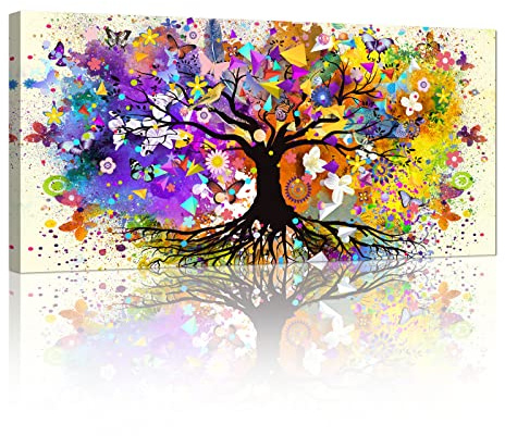 FajerminArt Large Framed Canvas Prints Colorful Tree of Life Canvas Wall Art Purple Tree Abstract Painting Poster Pictures for Living Room Bedroom Home Decoration Ready To Hang 20x40(50cmx100cm)