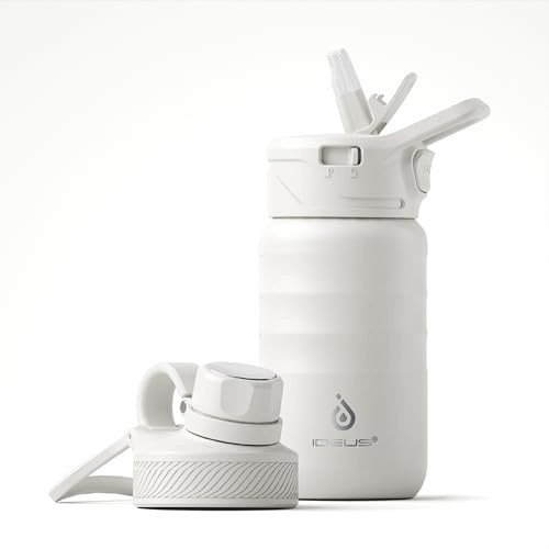 IDEUS Vattenflaska 360 ml/12 oz, rostfritt stål isolerad vattenflaska för barn, barnkopp med sugrör, vakuum dubbel väggflaska, barnvattenflaskor för skolpojkar flickor med 2 lock