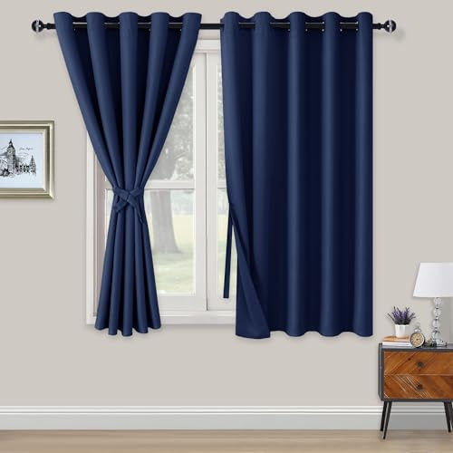 XWZO Blackout Curtains Shades Window Curtain Panels with Tiebacks- Noise Reduction and Thermal Insulated Eyelet Curtains for Bedroom,Living Room,Office,Study Room Navy W66xL54