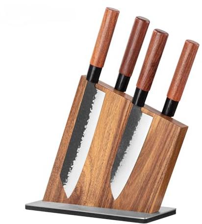 MyCulina Magnetic Knife Block, Double-Sided Acacia Wood Knife Holder with Strong Built-in Magnets – Universal Kitchen Countertop Storage Stand with Non-Slip Stainless Steel Base (Knives Not Included)