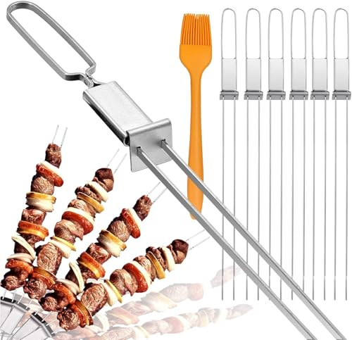 Lucalda Kabob Skewers - 17 12 Pack Metal Skewers For Kabobs with Push Bar Double Pronged Anti-Roll Flat BBQ Skewer for Grilling Stainless Steel Reusable Kebab Skewer for Meat Shrimp Chicken Veggie