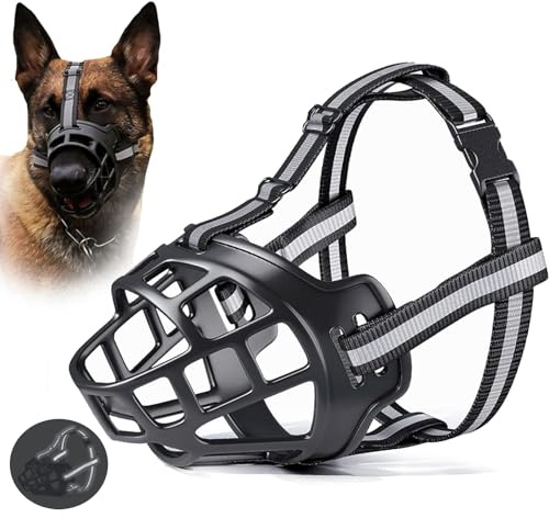 Black Dog Muzzle for Large Breed Adjustable Dogs Muzzles for Xl Bully Breathable Basket Muzzle,Soft Silicone Basket Muzzles with Reflective Strip to Prevent Biting Barking Chewing,Dogs Can Drink(XXL）
