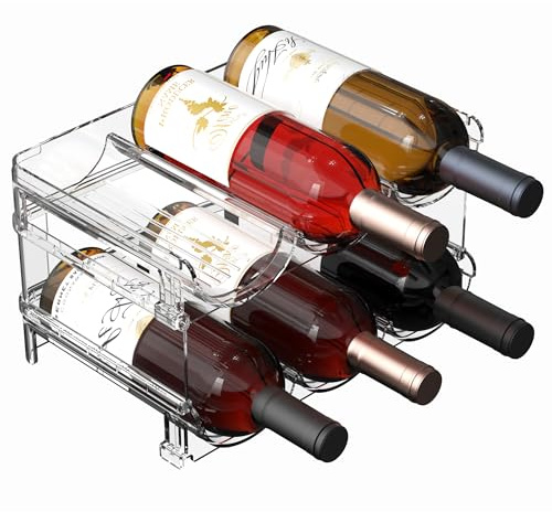 Plastic Stackable Wine Rack for Refrigerator, 2 Tier Large Capacity Water Bottle Organizer for Cabinet, Free-Standing Water Bottle Storage Rack for Fridge, Countertop, Pantry, Freezer, Hold 6 Bottles