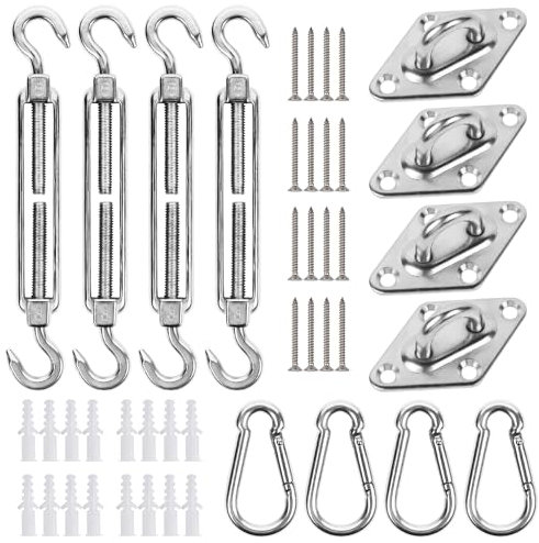 yofit 44 Pcs Shade Sail Hardware Kit, 6 Inch Outdoor Sun Sail Accessories, 304 Stainless Steel Turnbuckles & Brackets for Triangle/Rectangle Sails, Patio Canopy Installation Hardware Set Waterproof