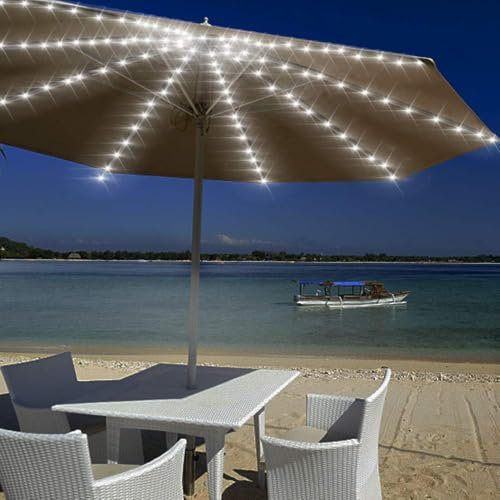 SUAVER Lumières de Parapluie 104LED Guirlande Lumineuse,Etanche Lampes à cordes Parasol de Patio à piles avec Télécommande 8 Modes Lumière de parasol pour Jardin Tentes Camping (Blanc)