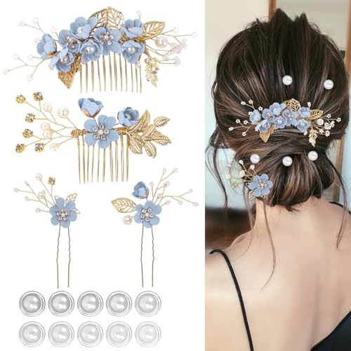4 horquillas elegantes para el pelo de novia, accesorios para el pelo de dama de honor, 10 horquillas con perlas en espiral para novias, damas de honor, mujeres y niñas (azul).