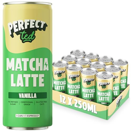 PerfectTed Vanilla Matcha Latte RTD, Ceremonial Grade, 12 x 250ml Cans, Ready-to-Drink with Gluten-Free Oats | Smooth & Creamy | Dairy-Free | Vegan