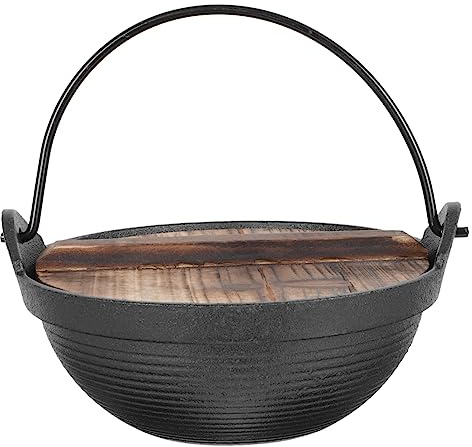 Warmhm 18cm Small Iron Hot Pot Wood Lid Single Japanese-style Soup Pot for Camping Outdoor Cooking Cooking Cookware
