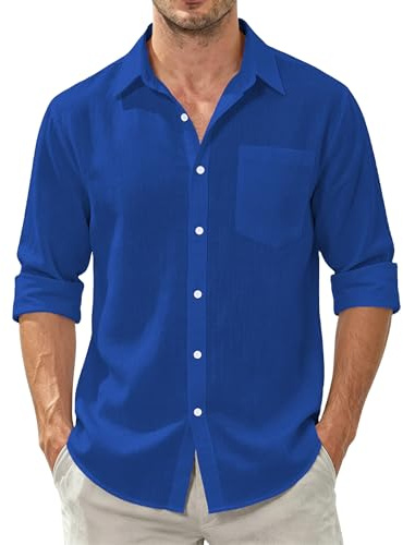 Dybycit Men's Cotton Linen Shirts Long Sleeve Regular Fit Lightweight Solid Color Summer Beach Shirt