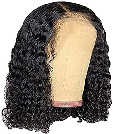 Peluca de pelo humano corto con encaje frontal Bob para mujer, con textura rizada, cabello natural prearrancado, cabello de bebé (Negro, Talla Única)
