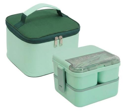 XMSHYODSM Bento Lunch Box with Compartments, 1800ML Bento Box with Insulated Bag & Cutlery, 2 Layer Leak Proof Bentos Boxs Meal Prep Container Boxs for Kids Adults School Office Picnic(Green)