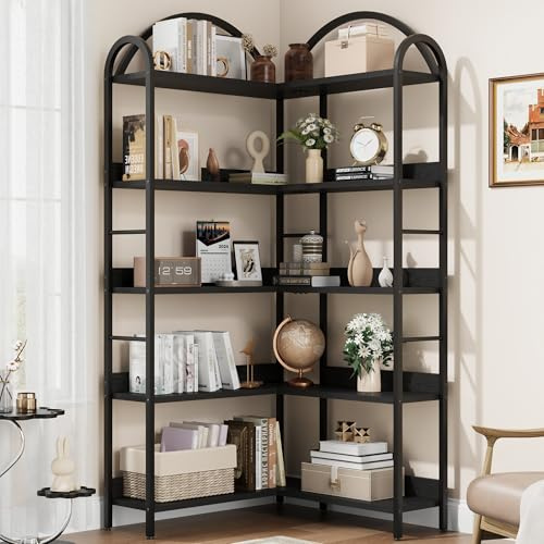 Estantería Esquinera con Diseño de Arco, 5 Niveles Armario Esquinero en Forma de L, Mueble Esquinero con Rejilla Protectora, Adecuado para Sala de Estar, Dormitorio y Cocina, 78x78x174cm