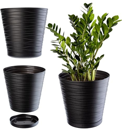 KADAX Pot de Fleurs en Plastique avec Soucoupe Incorporée, Pot de Plantes avec Conception Raffinée pour la Décoration d'Intérieur (25 cm, Noir)