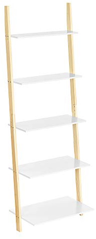 VASAGLE Ladder Shelf, 5-Tier Bookshelf Rack, Wall Shelf for Living Room, Kitchen, Office, Solid Wood Frame, Simple Assembly, Leaning Against the Wall, Matte White and Natural Colour LLS201N01