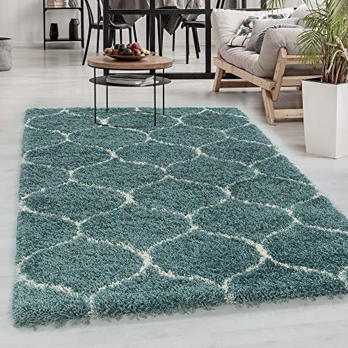 Carpetsale24 Designer Hochflor Teppich Modern, Skandinavische Design, Flauschiger Langflor Shaggy Teppich, Rechteckig, Pflegeleicht, Wohnzimmerteppich, Größe:120 x 170 cm,Farbe:Blau-Creme