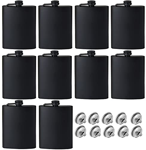 10pcs Flask for Liquor for Men,Matte Black Stainless Steel Leakproof and Funnel, with Never-Lose Metal Cap, Drinking Flasks for Wedding Party Gift Outdoor Activities (8oz)