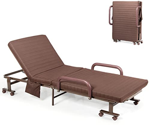 COSTWAY Folding Sofa Bed with Mattress, Wheels and Side Pocket, 6-Position Adjustable Couch Sleeper Chaise Lounger, Portable Convertible Single Guest Bed for Home Office Camping (Coffee)