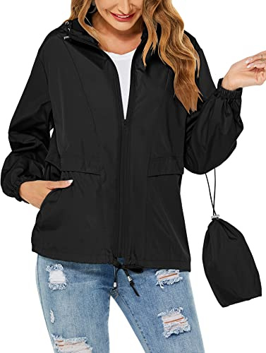 Tisfeer - Impermeabile da donna con cappuccio, leggero, antivento, pieghevole, Nero , XXL