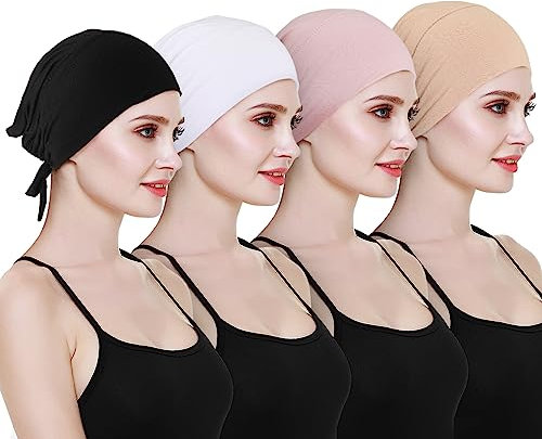 4 Stück Islamische Muslimische Ultraschall Hijab Cap mit Tie Back Closure Solid Color Unter Schal Hijab Mütze (Weiß, Khaki, Hellrosa, Schwarz)