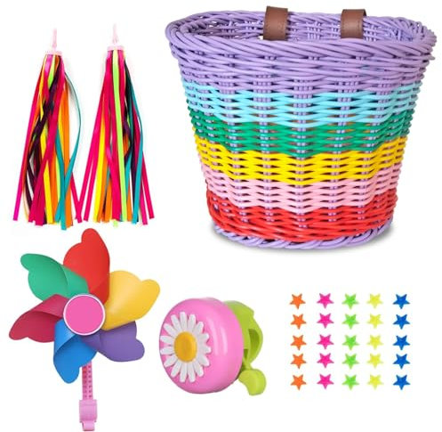 Bicycle Basket for Girls, Adjustable Front Handlebar Bike Basket with Bike Streamers Set Bell/Bicycle Windmill/Bicycle Wheel Beads DIY Bike Decoration Accessories Kit Gift (Rainbow 1)