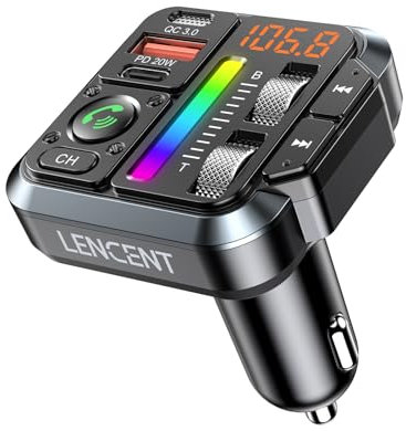 LENCENT Bluetooth 5.3 Auto FM Transmitter, Bluetooth Adapter Auto, Höhen-&Bass-Ton Musik Adapter, Radioadapter mit PD 20W & QC 3.0, Freisprecheinrichtung, Siri Google Assistant