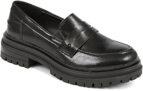 Pavers Women's Chunky Loafers in Black Patent - Casual Moccasin Shoes with Platform Sole - Comfortable Fit Ladies Footwear - Size UK 5 / EU 38