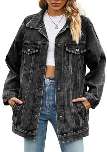 Sukany - Giacca da donna in denim, stile casual, con bottoni, collo rovesciato, a maniche lunghe, lunghezza media, Nero , L