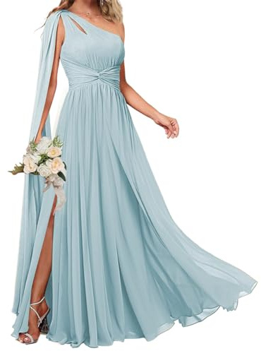 KURFACE Vestido de dama de honor con un hombro descubierto para mujer, con capa y abertura lateral, gasa, vestido largo formal para invitada de boda, azul claro, 34