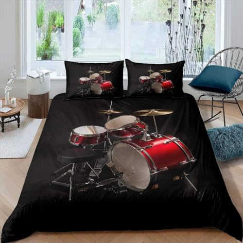 Homemissing Drum Kit Duvet Cover King Rock Music Bedding Set for Kids Boys Teens Adults Musical Instrument Comforter Cover Rock Band Quilt Cover with 2 Pillowcase 3Pcs Bedding Black
