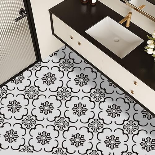 Alwayspon Vinyl Flooring, Black and White Self Adhesive Stick on Floor Tiles Transfer for Bathroom Kitchen, Splashback, Peel and Stick Vinyl Flooring Tiles Sticker, 12PcsX20cm/8inch
