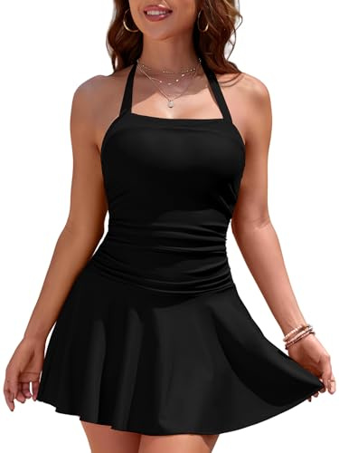 SHEKINI Ladies Swimming Costumes Halter Neck One Piece Swim Dress Black