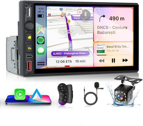 Hodozzy Autoradio 1 Din avec CarPlay Android Auto sans Fil, 7'' IPS Écran Tactile Poste Radio avec Bluetooth 5.0/USB/USB C/Lien Miroir/FM/EQ/SWC+Caméra de recul