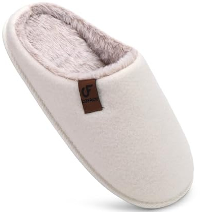 COFACE Women's Ladies Memory Foam House Slippers Warm Cozy Slip On Fuzzy Winter Shoes With Indoor Outdoor Rubber Sole Beige White size 5