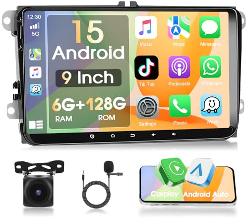 Autorradio Motorsi Android 6+128G para VW Golf 5 6 Polo Seat Skoda Passat, Autorradio 9 Pulgadas Android 15 con Carplay GPS WiFi Bluetooth 5.0 FM/RDS, Cámara AHD De Respaldo&Micrófono