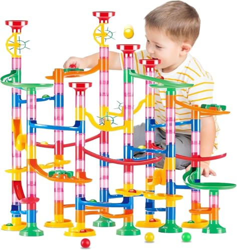 Muslecid Murmelbahn, 133 Stück Kugelbahn Starter Set ab 3 Jahre, STEM pädagogisches Lernspielzeug, Marble Run Set für 3 4 5 6 7+ Jungen Mädchen, Geburtstage Weihnachten Urlaub（mit 30 Murmeln）