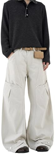 RUMAOZIA Pantalones de trabajo modernos Y2K holgados con pierna ancha, cintura con cordón, pliegues de tela para hombre, pantalones de chándal cálidos, pantalones de ocio, ajuste recto, tela suave