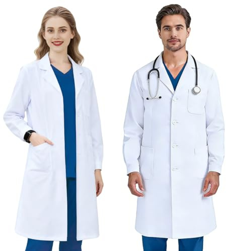 COCREAZY Blouse Chimie Lycee Coton Blouse Blanche Femme Homme, Blouse Médicale Blouse Blanche Chimie Lycee Blouse de Laboratoire Manche Longue Blouse Physique Blouse Infirmier avec Bouton 3 Poche