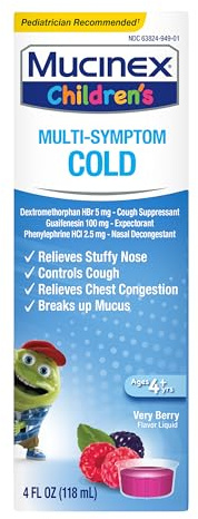 Mucinex Children's Multi-Symptom Cold Medicine, Kids Cough Medicine, Mucinex Kids Medicine/Decongestant with Dextromethorphan HBr, Guaifenesin, Phenylephrine HCl, Very Berry Flavor Liquid, 4 Fl Oz
