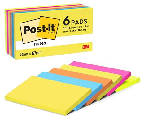 Post-it Notes Energetic Collection, Packung mit 6 Blöcken, 100 Blatt pro Block, 76 mm x 127 mm, Farben: Gelb, Blau, Orange, Pink, Grün - Selbstklebende Notizzettel für Notizen