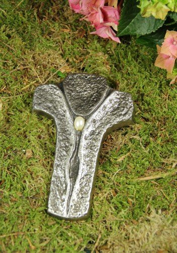 friedhofskerze.de Kreuz, Grabkreuz mit Perle aus massivem Metallguss