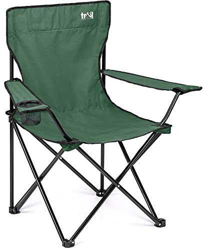 Trail Folding Camping Chair with Cup Holder, Steel Frame, 100kg Max, Green | Fast-Drying Polyester, Cup Holder Armrest, Carry Bag Included, Strong Steel Scissor Frame, Wide Armrests