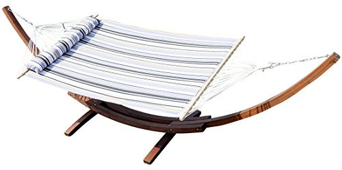 ALEOS. 410cm XXL Luxus Hängemattengestell Limited Edition GRAU Gestell aus Holz Lärche mit Stabhängematte GEPOLSTERT inkl. Kopfkissen Edelstahl Ketten Karabiner und Schrauben